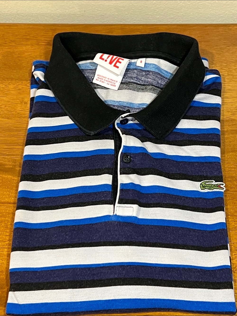 Lacoste L!VE Striped Polo in Blue, Black & White Size 8 100% cotton